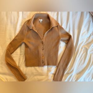 aerie Ribbed Button-Front Cardigan — Camel
